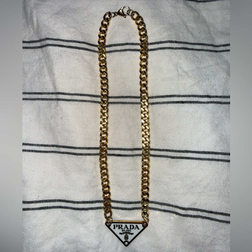 Prada Gold-Tone Logo Triangle Pendant Chain Necklace